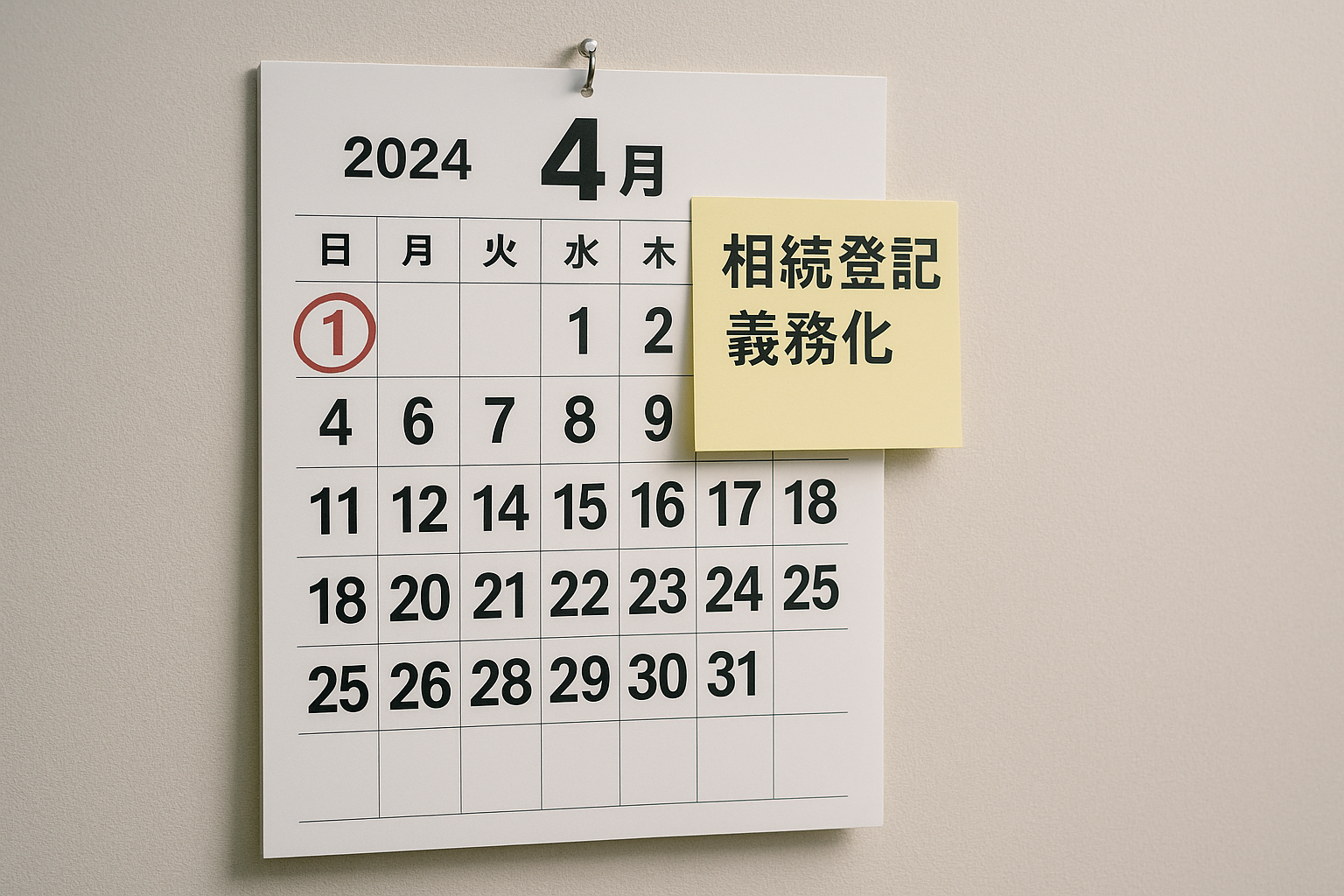 2024年4月1日に赤丸がつけられたカレンダーと、「相続登記義務化」と書かれた付箋。
