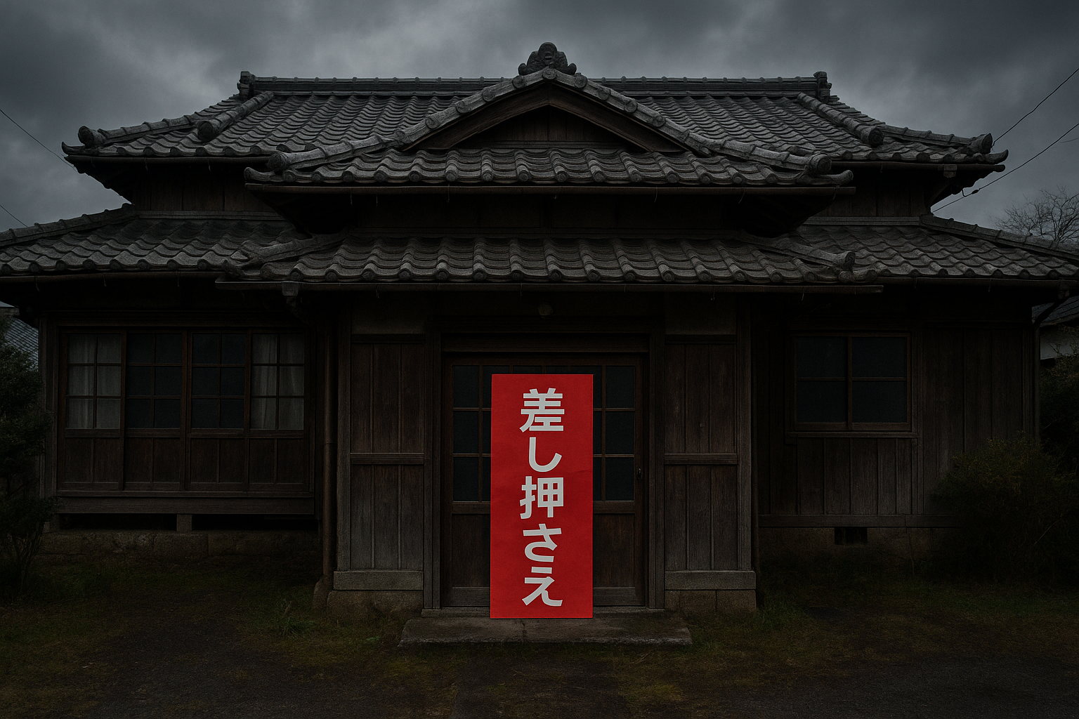 家のドアに差し押さえの紙が貼られている、信託登記を怠ったリスクを象徴する画像。