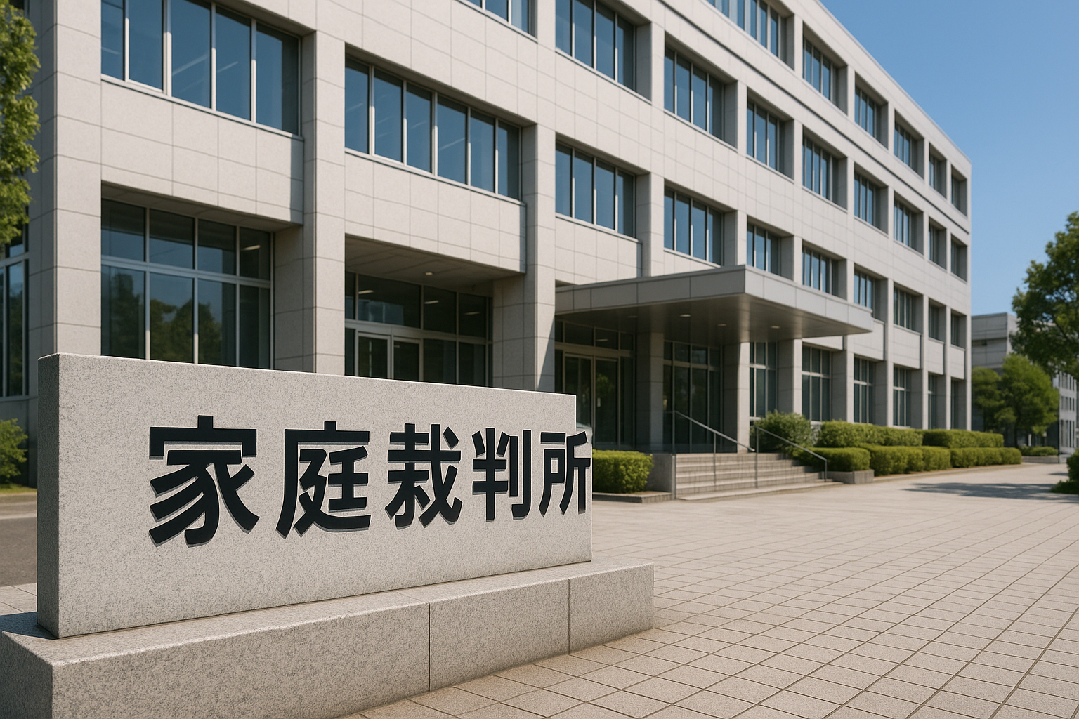青空を背景にした日本の家庭裁判所の外観。特別代理人選任の申立て手続きが行われる場所を示しています。