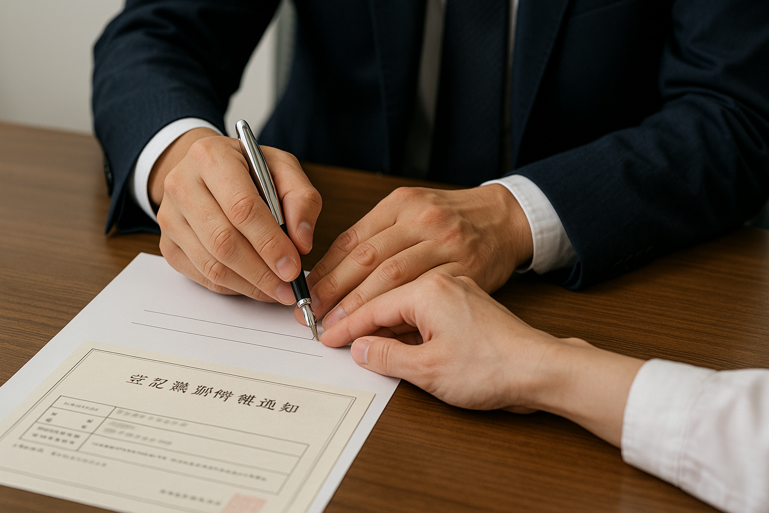 司法書士が依頼者の書類署名をサポートしている、専門家による手続きの安心感を示す画像。