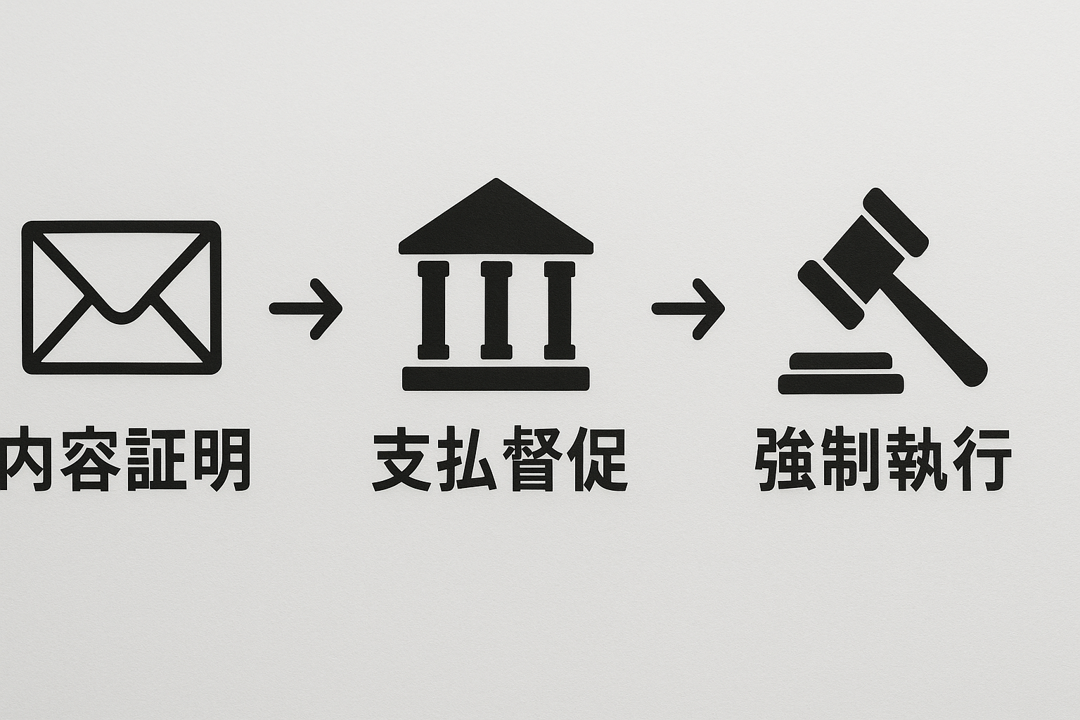 売買代金未払い時の3つのステップを示す図。内容証明、支払督促、強制執行へと進む法的手続きの流れ。