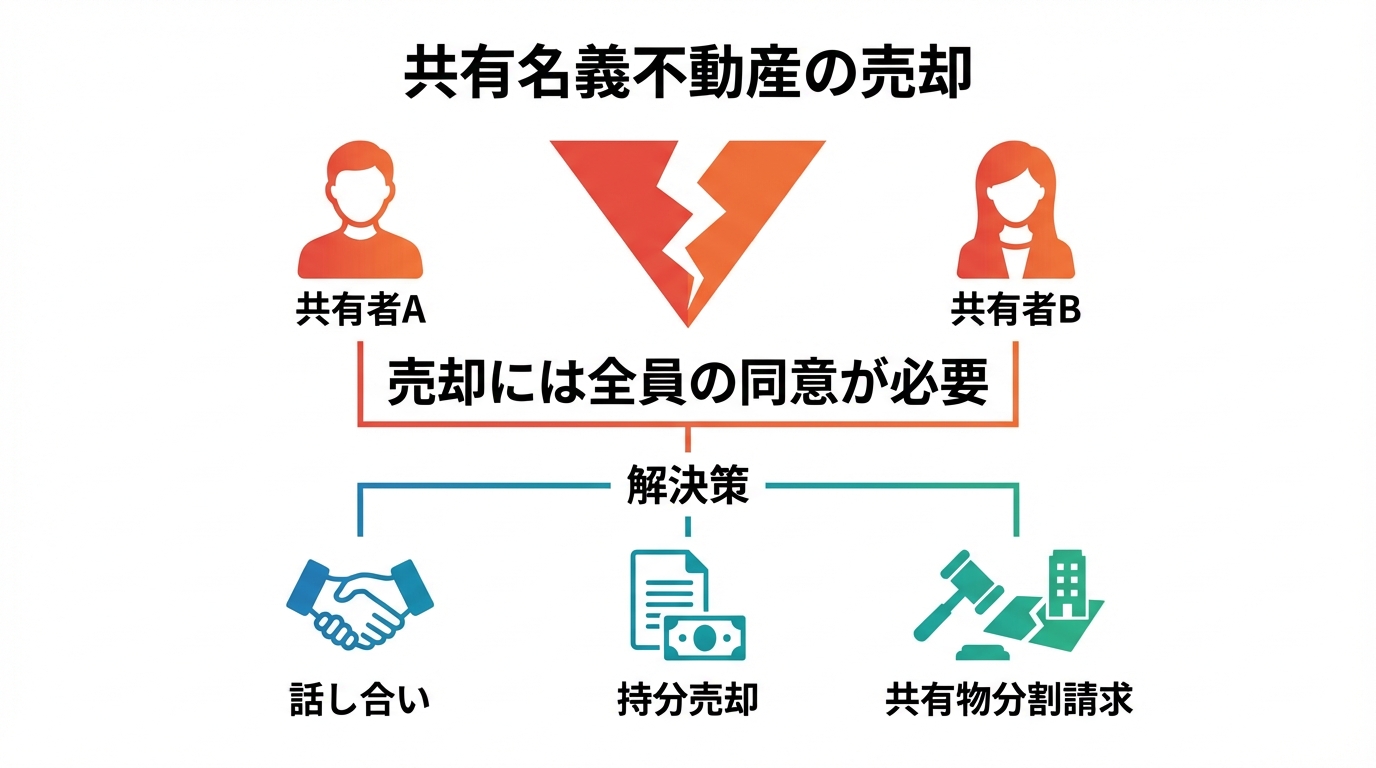 共有名義不動産の売却が困難である理由と3つの解決策を示した図解