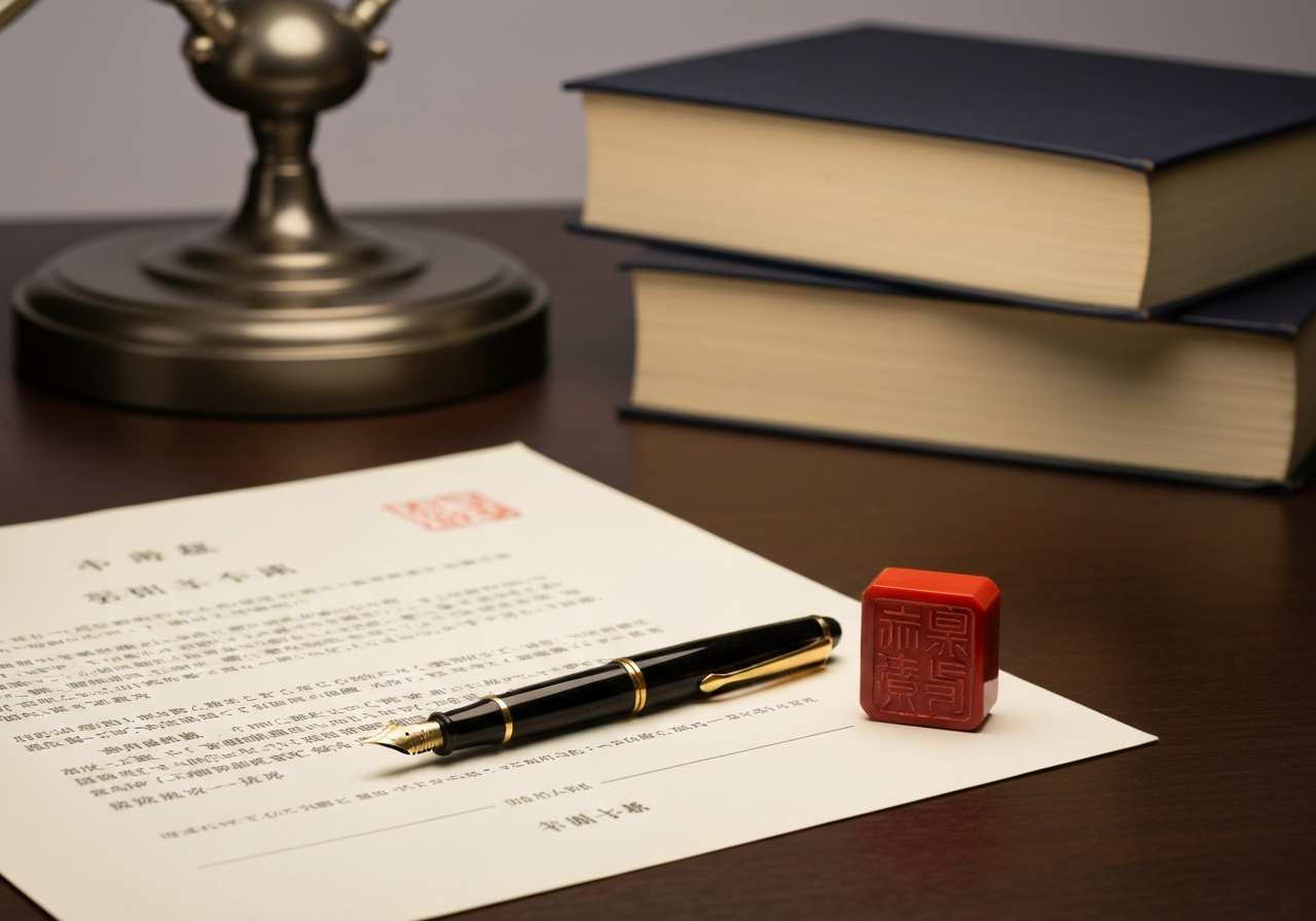 公正証書遺言と万年筆、印鑑が置かれた司法書士の机。精算型遺贈の手続きを象徴している。