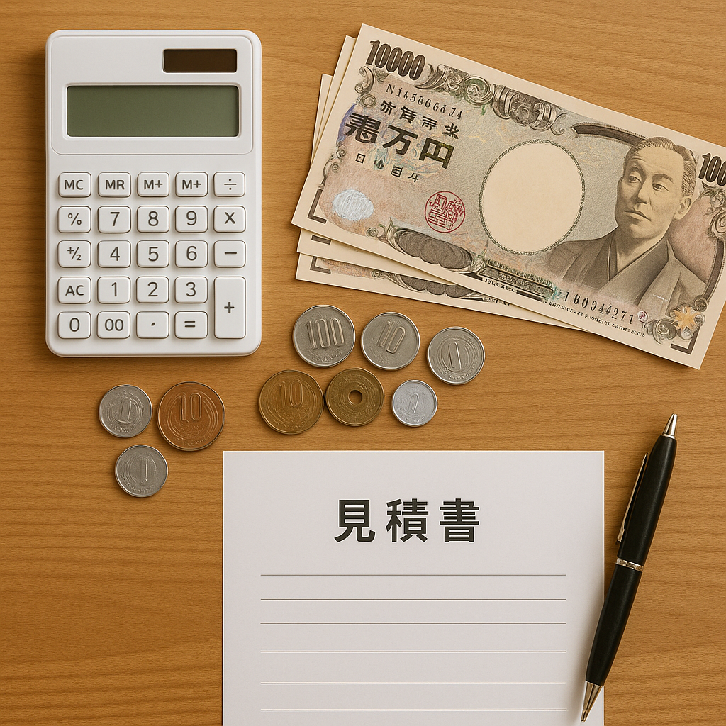 電卓、現金、見積書が置かれた机。不動産取引における司法書士の費用内訳をイメージさせる写真。