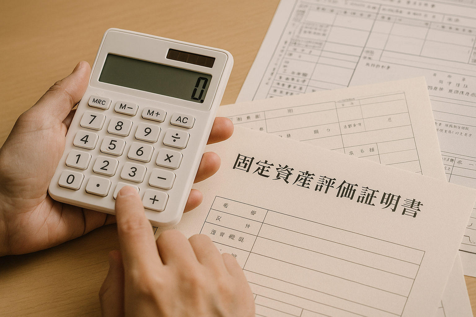 固定資産評価証明書を見ながら電卓で相続登記の費用を計算している様子。