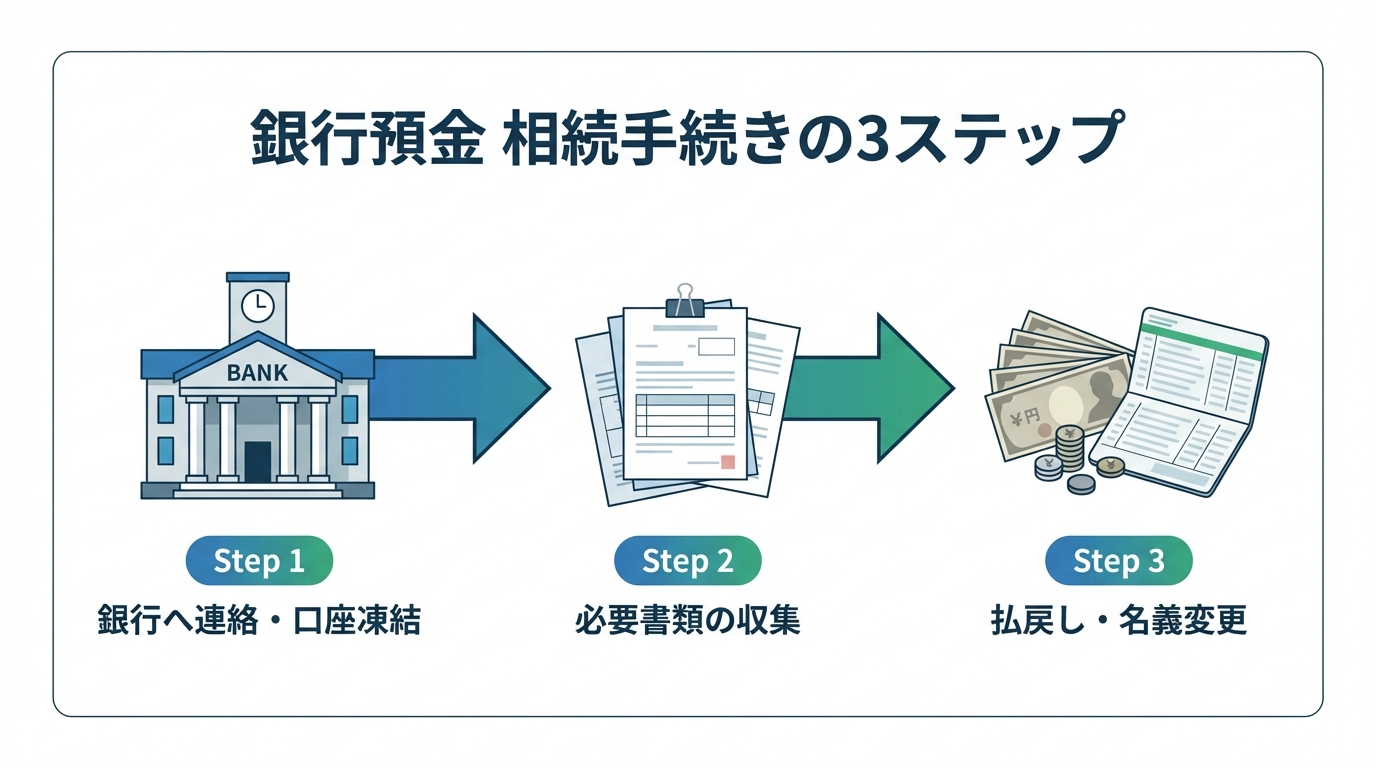 銀行預金の相続手続きの全体像を示す図解。ステップ1「銀行へ連絡」、ステップ2「書類収集」、ステップ3「払戻し」の3ステップで構成。
