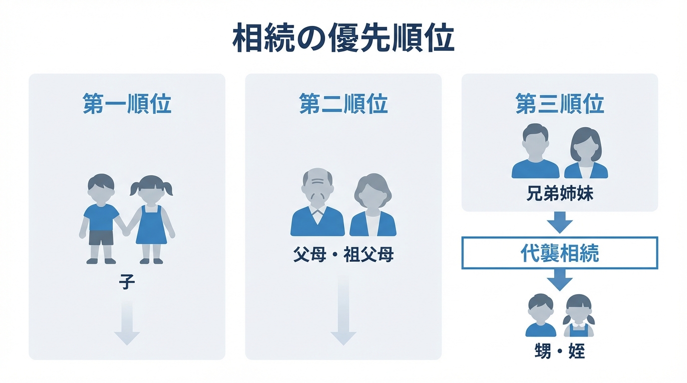 相続の優先順位と代襲相続を説明する図解。第一順位は子、第二順位は父母、第三順位は兄弟姉妹で、その代襲相続人として甥・姪がいることを示している。