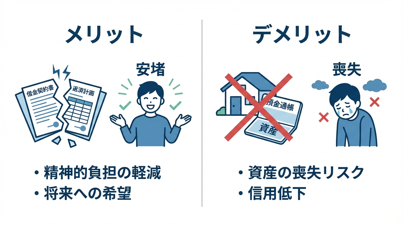 相続放棄のメリット（借金からの解放）とデメリット（プラスの財産も失う）を比較した図解。