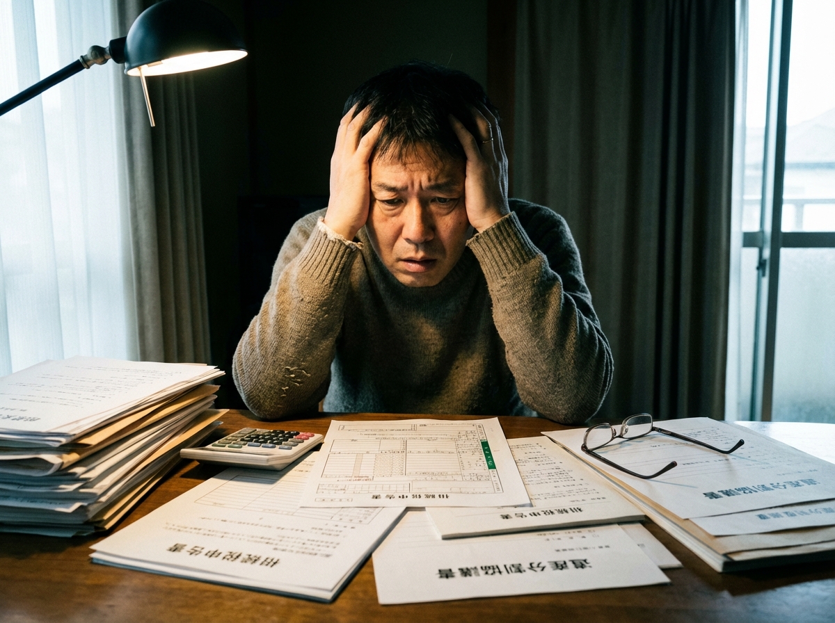 複雑な相続手続きの書類を前に、頭を抱えて悩んでいる男性。