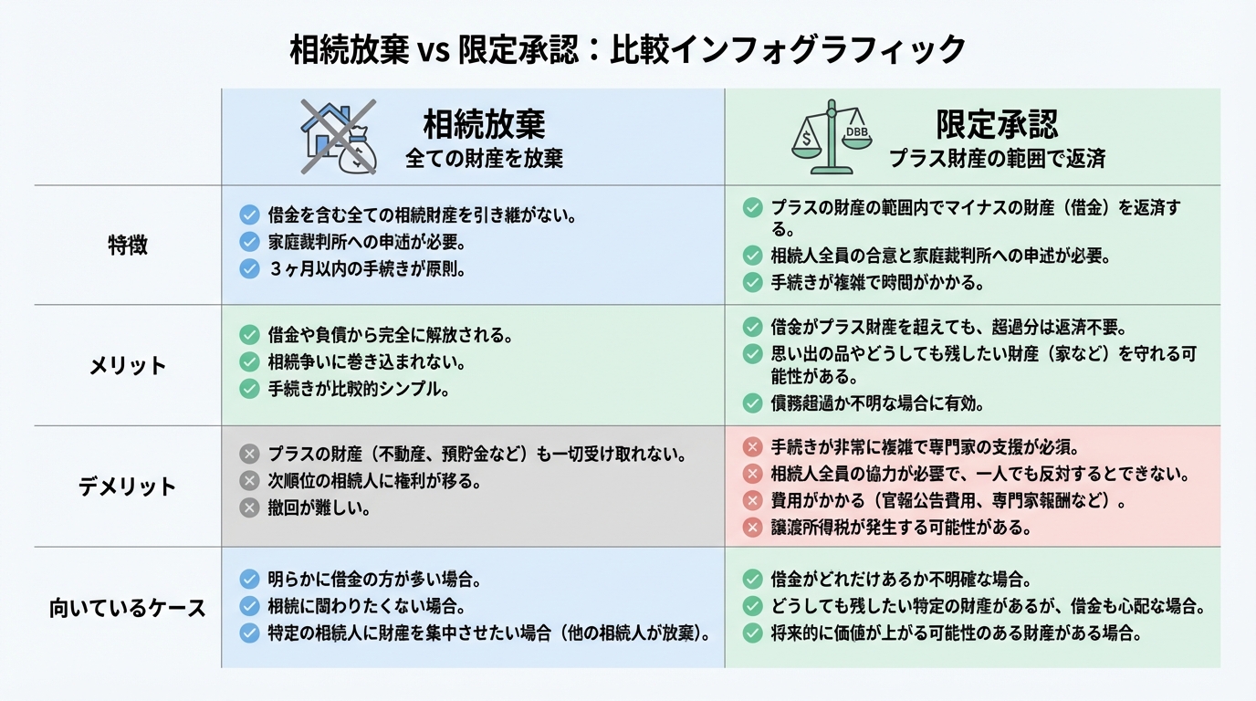 相続放棄と限定承認の違いを比較したインフォグラフィック。それぞれの特徴、メリット、デメリットを解説。