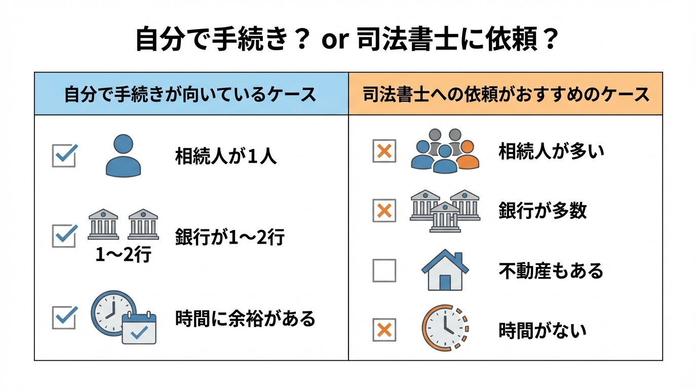 銀行預金の相続手続きを自分で行うか司法書士に依頼するかの判断基準を示す図解。それぞれのケースのメリットを比較。