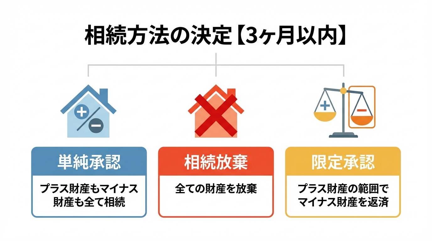 相続方法の3つの選択肢「単純承認」「相続放棄」「限定承認」のメリット・デメリットを比較する図解。