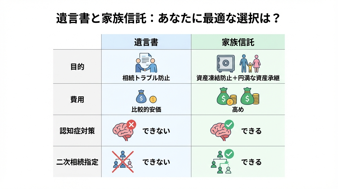 遺言書と家族信託のメリット・デメリットを比較した表
