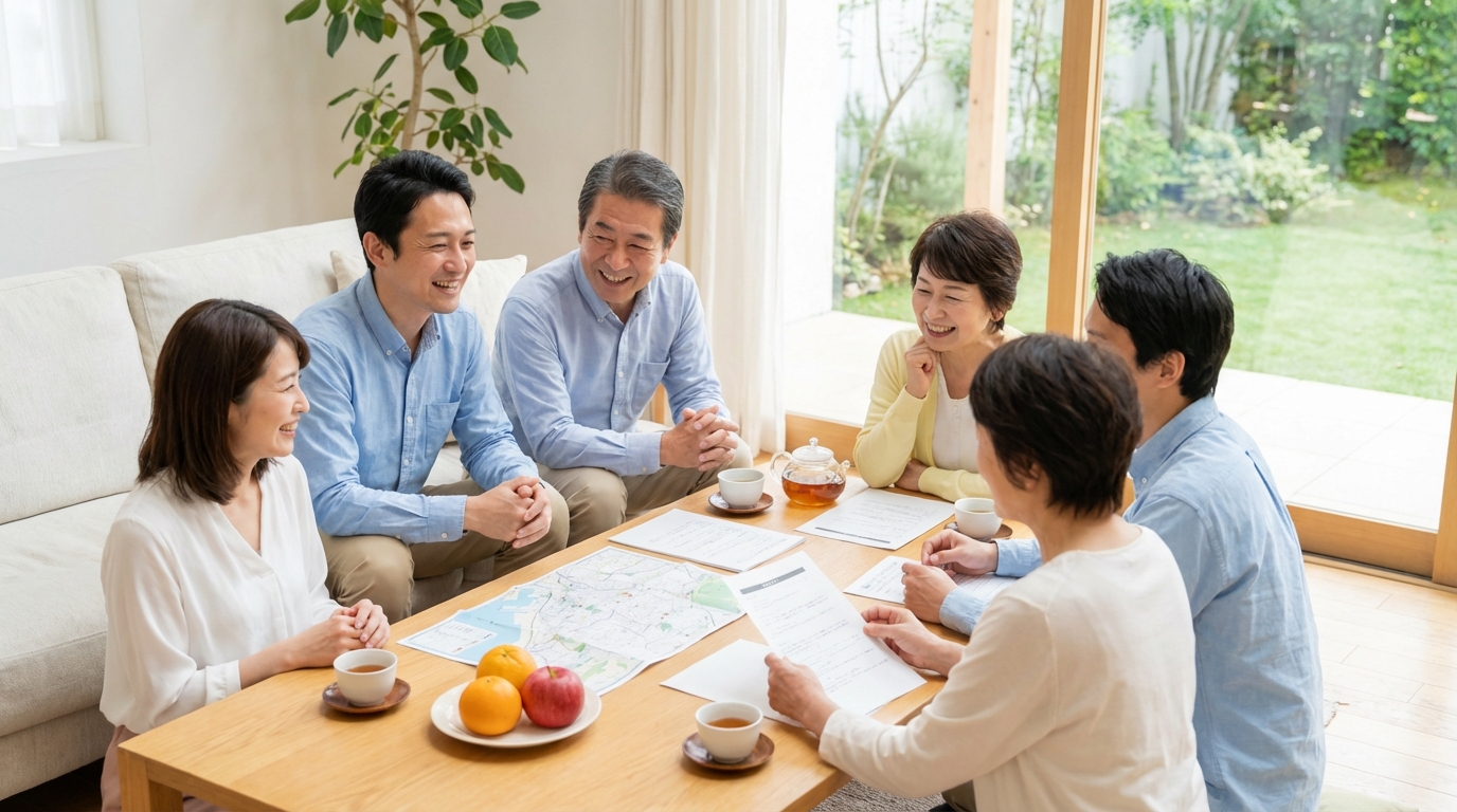 リビングで和やかに遺産分割協議について話し合う親族たち