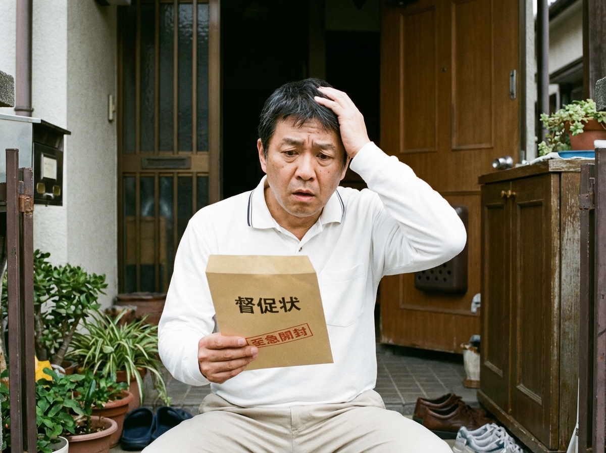 突然届いた督促状を見て、自宅の玄関先で困惑する男性。相続放棄の連絡がないことによるトラブルを象徴している。