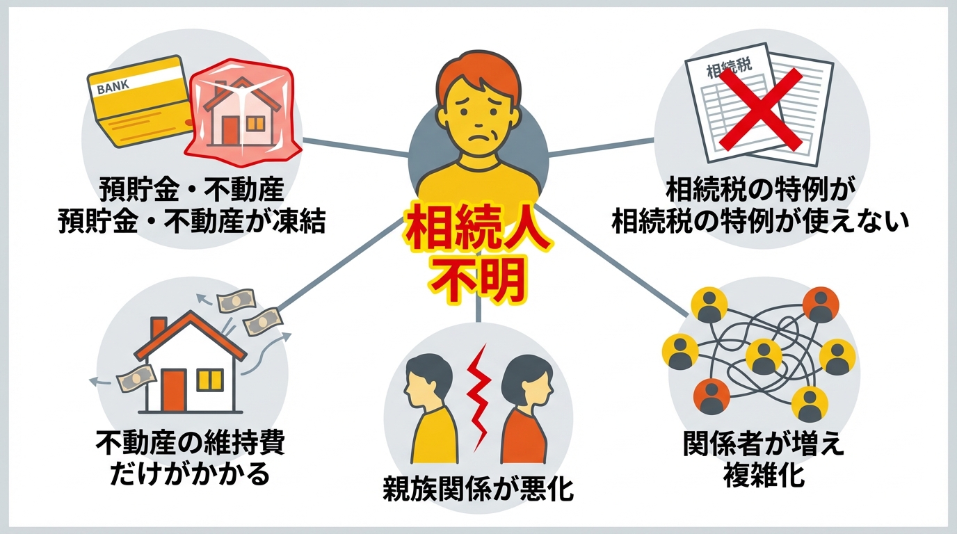 相続人が行方不明な場合に生じる5つのリスク(財産の凍結、相続税の不利益、維持費の負担、関係者の複雑化、親族関係の悪化)をまとめた図解。