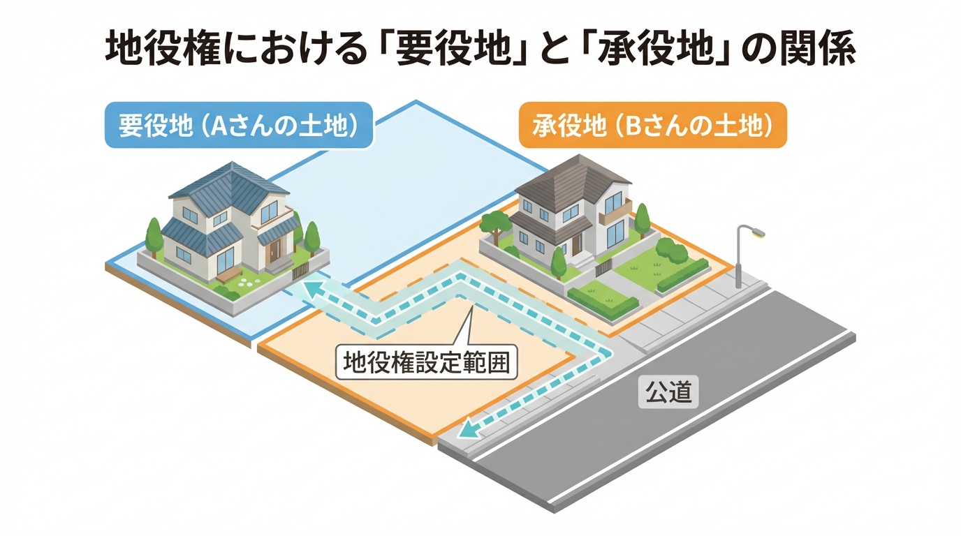 地役権の要役地と承役地の関係を図で解説。公道に出るために承役地の一部を通行する要役地のイラスト。