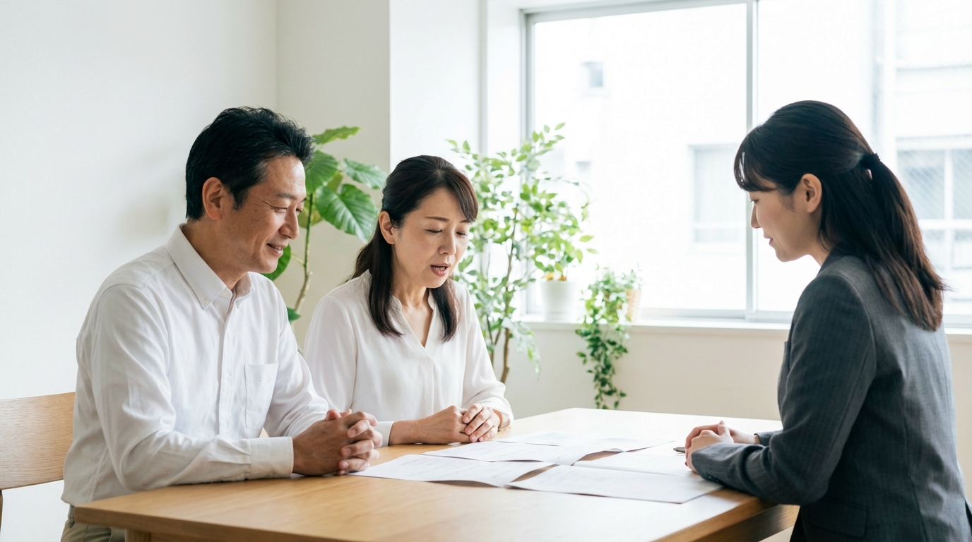相続手続きについて司法書士に相談し、安心した表情を浮かべる夫婦。
