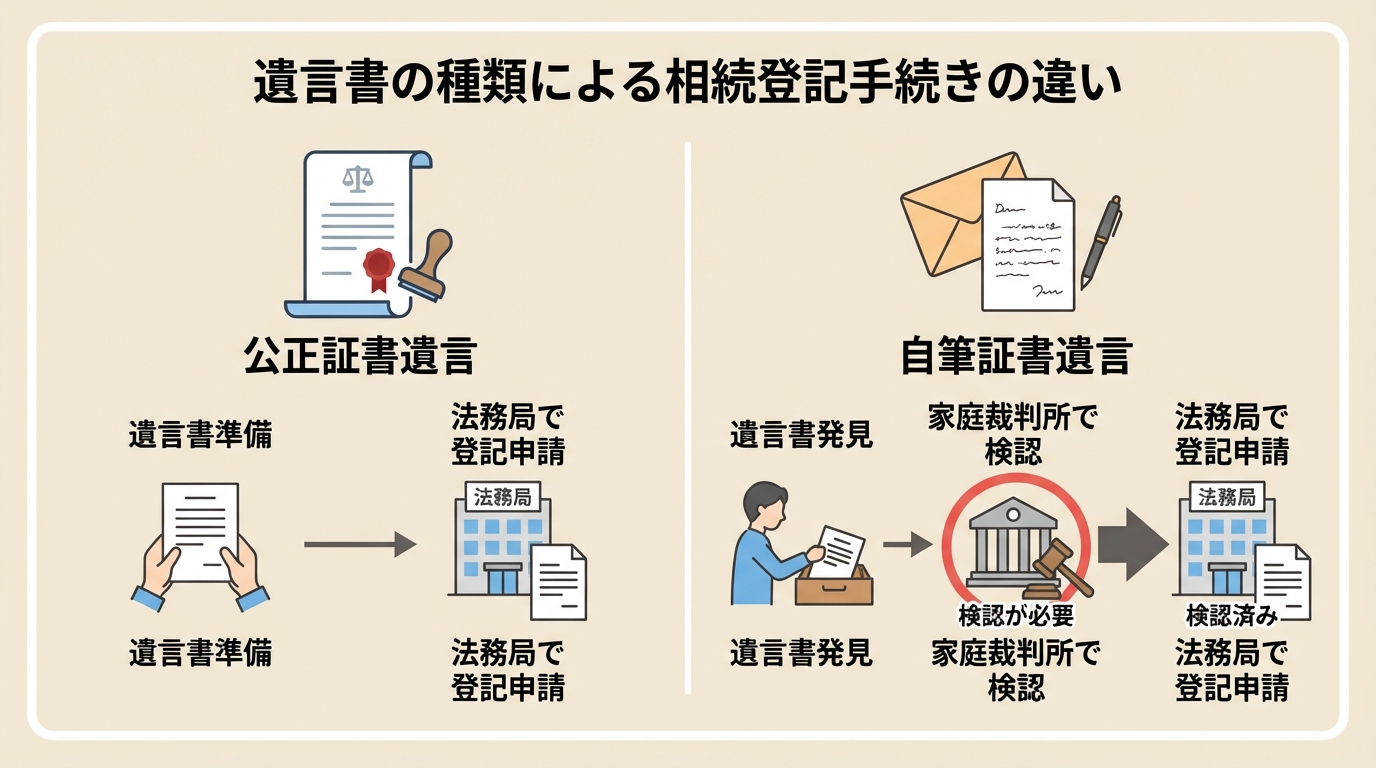 公正証書遺言と自筆証書遺言の相続登記手続きの違いを比較した図解。自筆証書遺言には家庭裁判所での検認が必要なことが示されている。