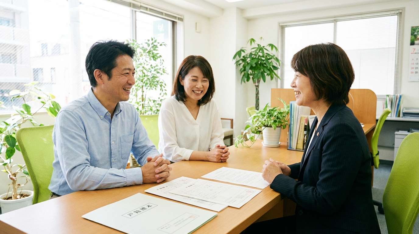 司法書士に相続人調査を依頼し、安心した表情で相談している夫婦。専門家への依頼で問題解決への道筋が見えた様子。