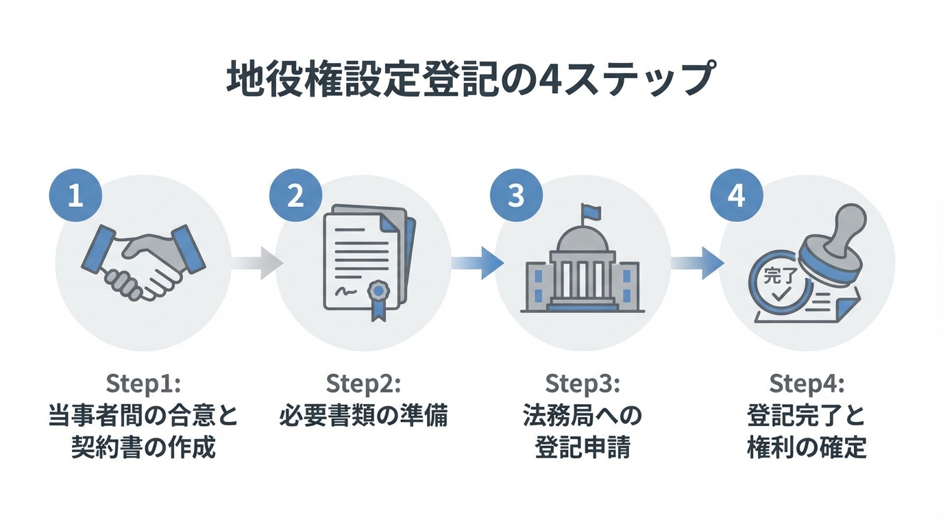 地役権設定登記の手続きの流れを示す4ステップのインフォグラフィック。合意、書類準備、申請、登記完了の順。