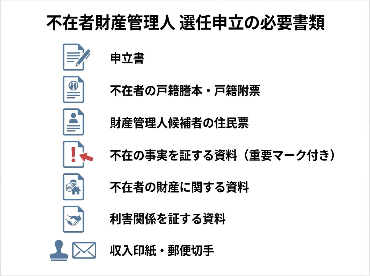 不在者財産管理人の選任申立てに必要な書類をまとめた一覧図。