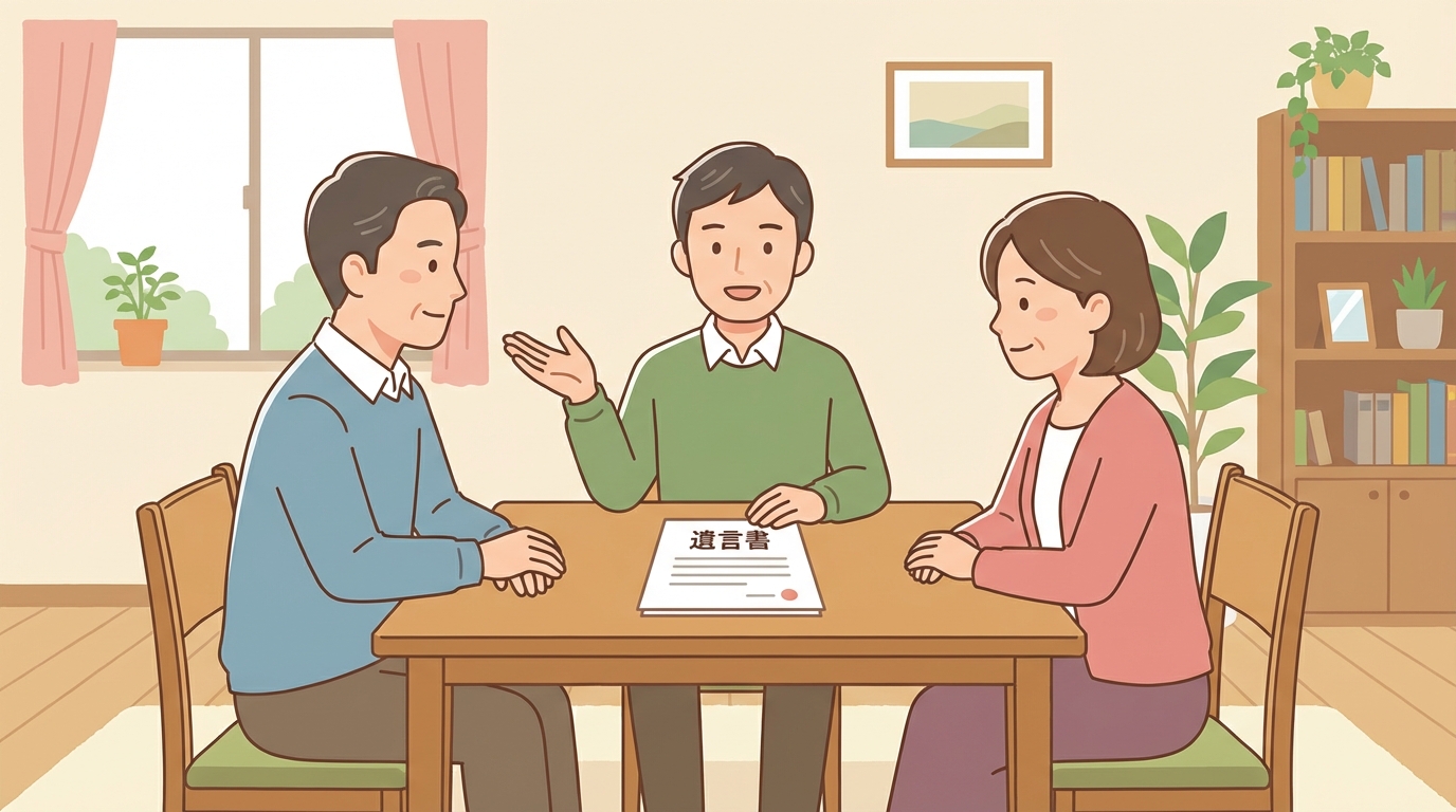 遺言書を前に、相続人である兄弟姉妹が円満に遺産分割の話し合いをしているイラスト。