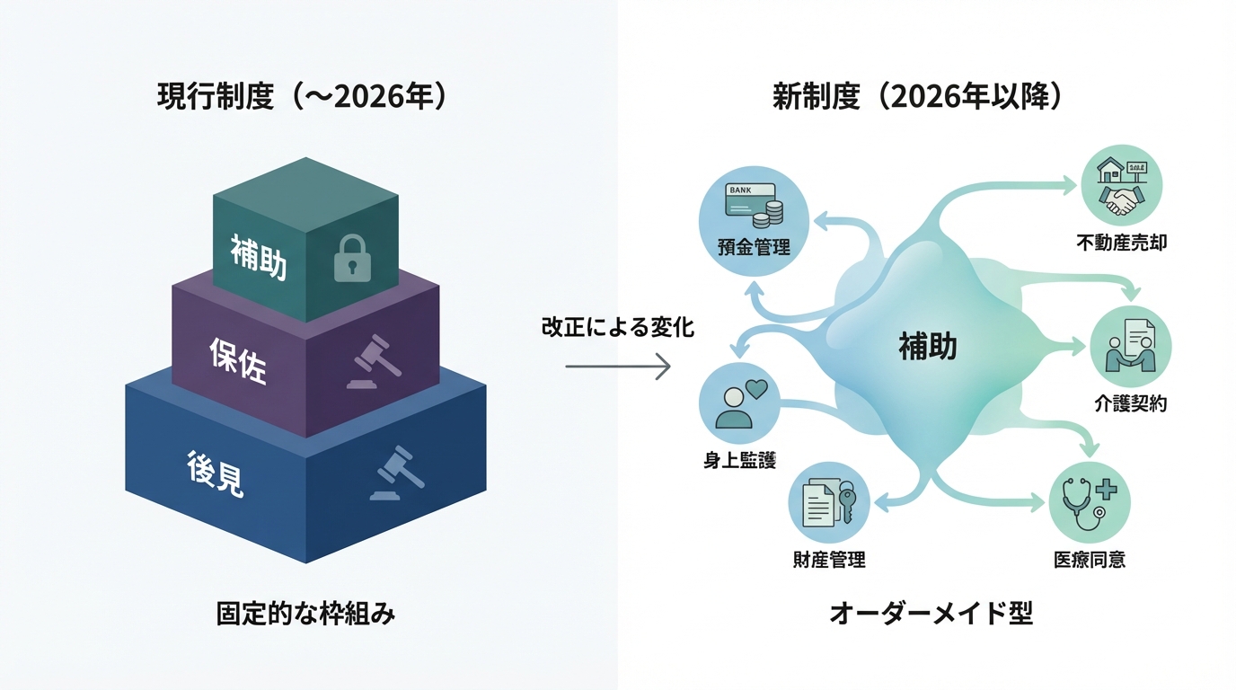 成年後見制度の改正による3類型から補助への一本化を比較する図解