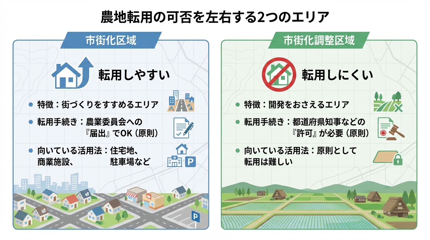 市街化区域と市街化調整区域の違いを比較する図解。市街化区域は転用しやすく、調整区域は転用しにくいことが一目でわかる。