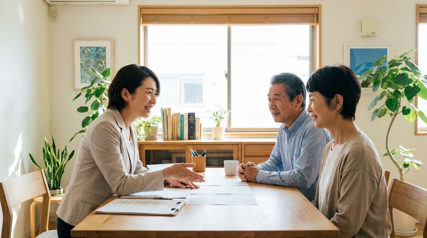 司法書士に成年後見制度について相談し、安心した表情を浮かべる夫婦
