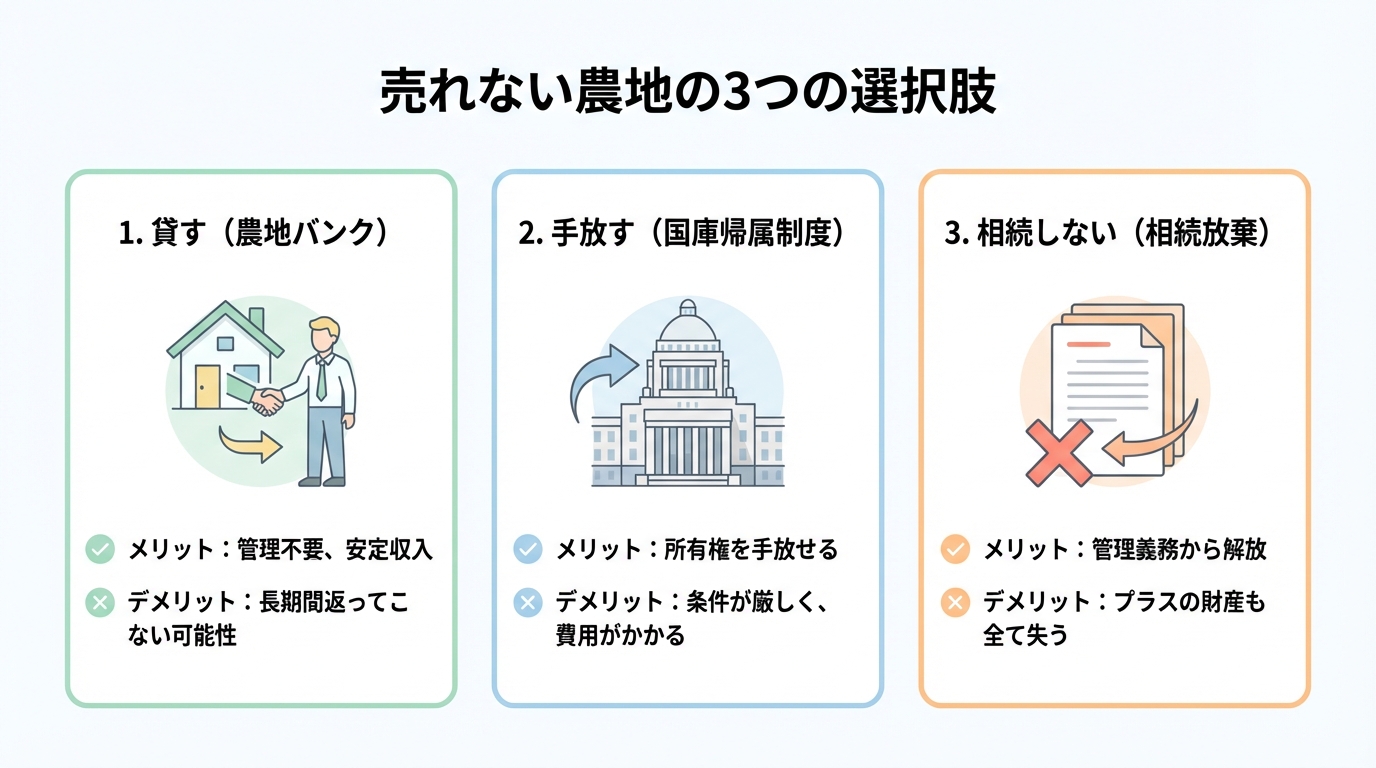 売れない農地の対処法をまとめた図解。「貸す（農地バンク）」「手放す（国庫帰属制度）」「相続しない（相続放棄）」の3つの選択肢のメリットとデメリットを比較している。