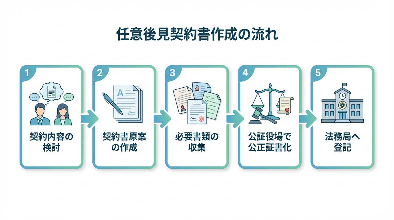 任意後見契約書作成の5つのステップを示したフローチャート。契約内容の検討から法務局への登記までの流れが図解されている。
