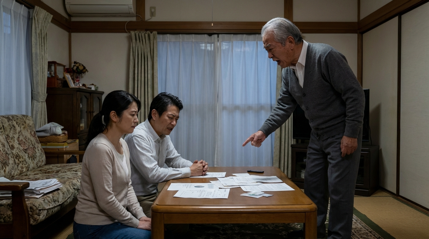 生前対策を怠ったことで相続トラブル（争族）に発展し、険悪な雰囲気で話し合う家族のイラスト
