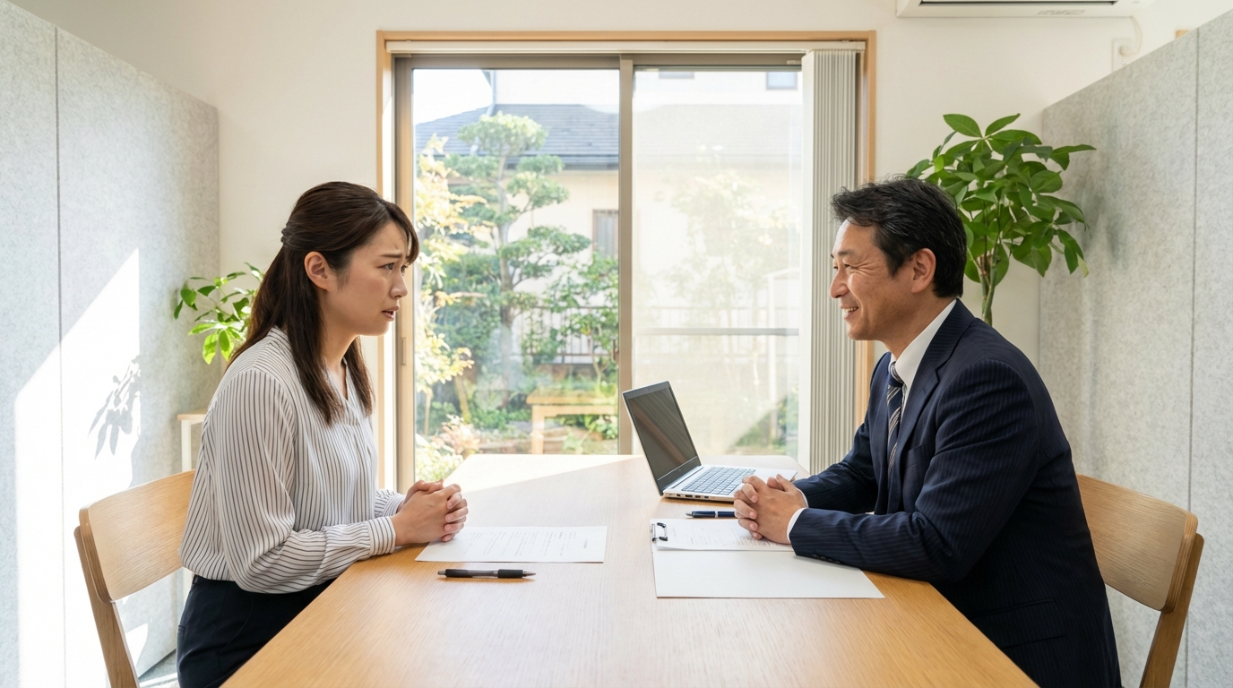 司法書士事務所で借金の相談をしている女性。専門家が親身に話を聞き、安心感を与えている。
