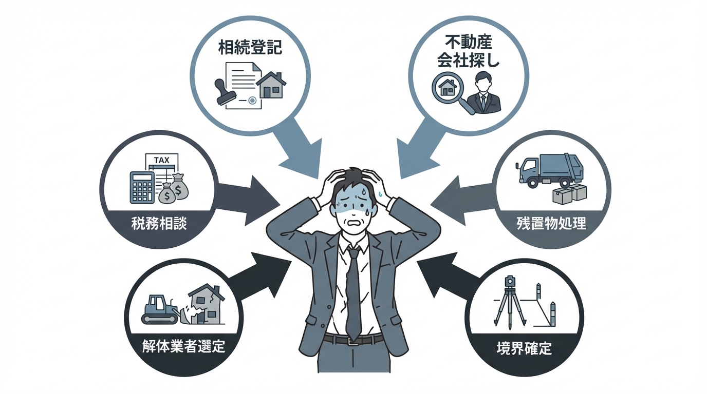 空き家売却に必要な複雑なタスク(相続登記、不動産会社探しなど)を一人で抱え込み困惑している男性のイラスト図解。