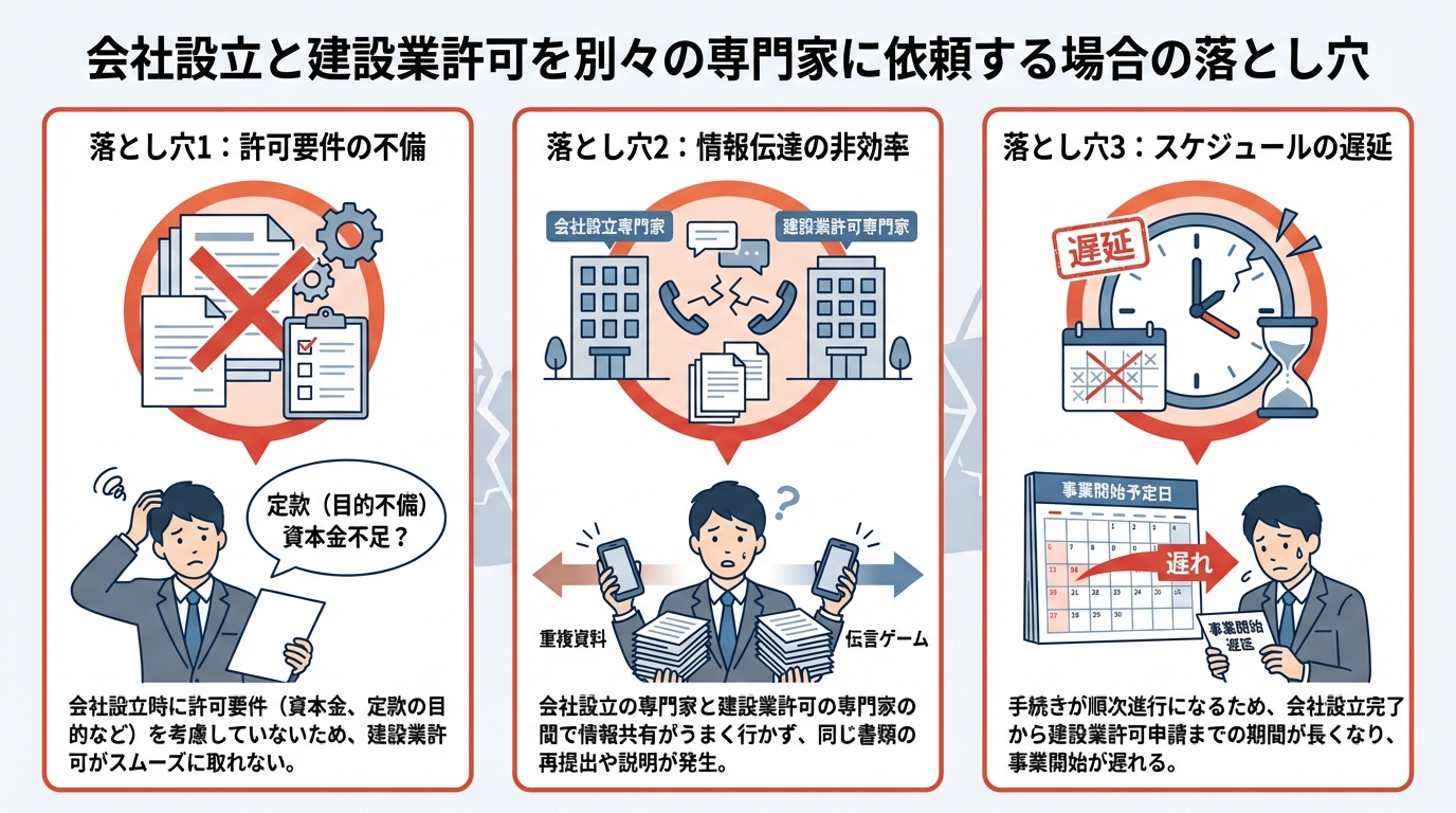 会社設立と建設業許可を別々に依頼した場合の3つの落とし穴。許可要件の不備、情報伝達の非効率、スケジュールの遅延という問題点を図解している。