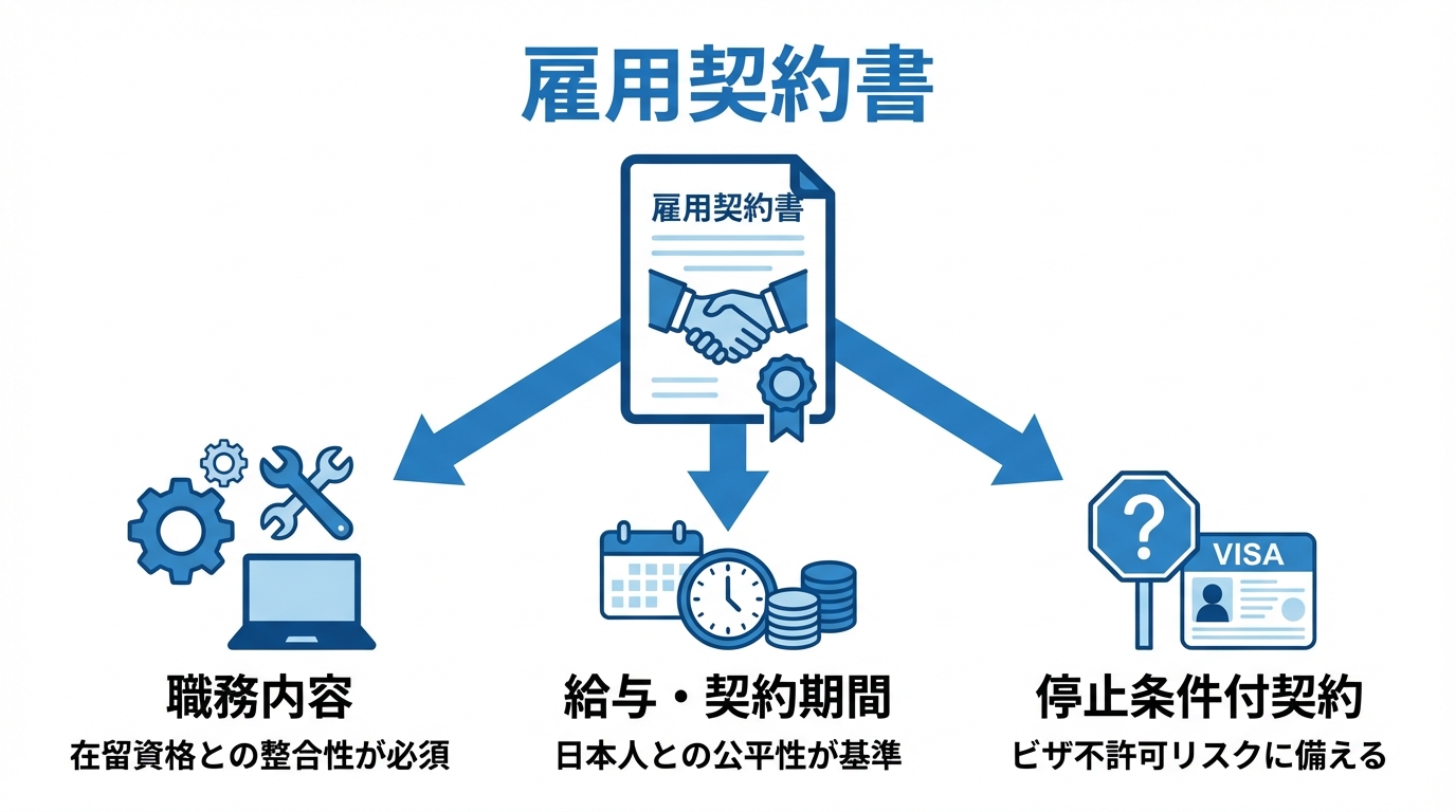 外国人雇用の雇用契約書で押さえるべき3つの重要ポイント（職務内容、給与・契約期間、停止条件付契約）を示した図解。