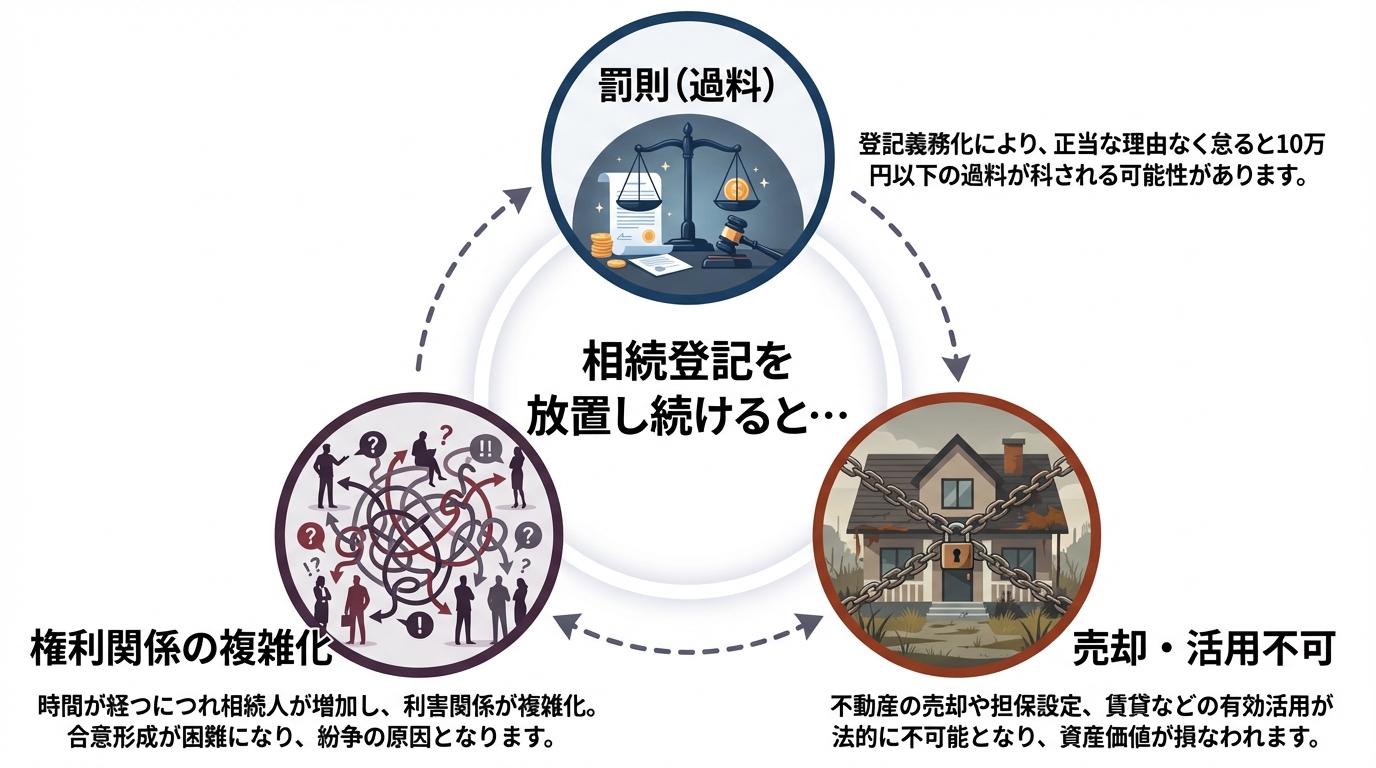 相続登記を放置した場合の3つのデメリットを図解したインフォグラフィック。罰則、不動産の塩漬け、権利関係の複雑化というリスクが示されている。
