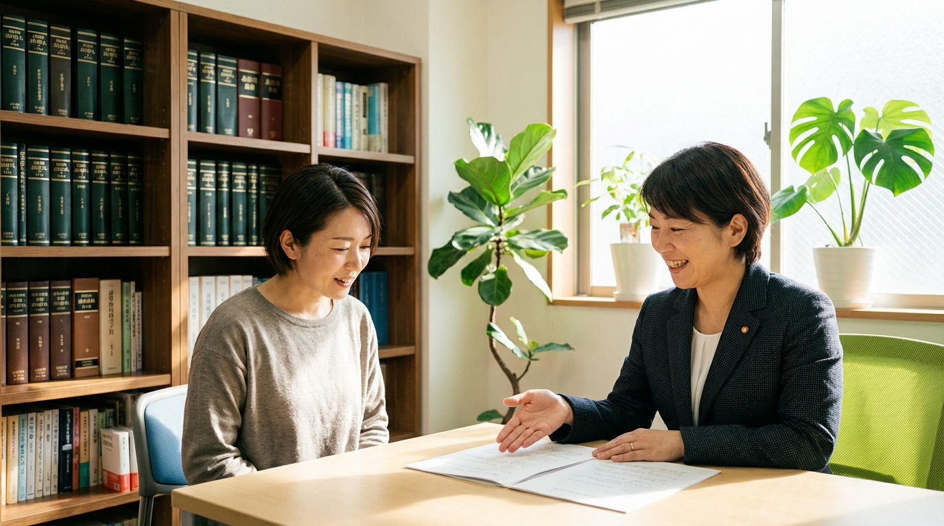 司法書士事務所で相談する女性。専門家から説明を受け、安心した表情を浮かべている。