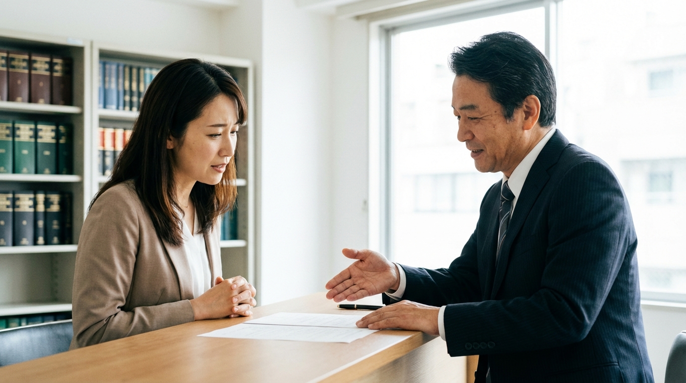 司法書士が会社の役員と思われる女性に取締役の死亡登記について説明している様子。専門家に相談することで安心感が得られることを示唆している。