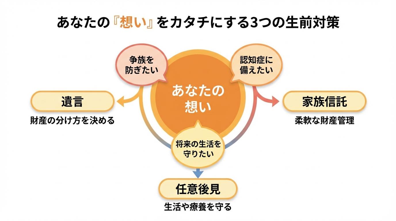 生前対策の3つの柱である遺言・家族信託・任意後見が、どのような想いを実現するためのものかを示す関係図。