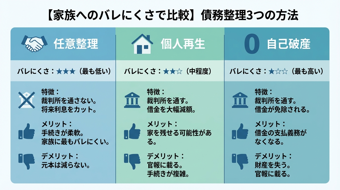 債務整理の3つの方法「任意整理」「個人再生」「自己破産」を、家族へのバレにくさ、特徴、メリット・デメリットで比較した図解。