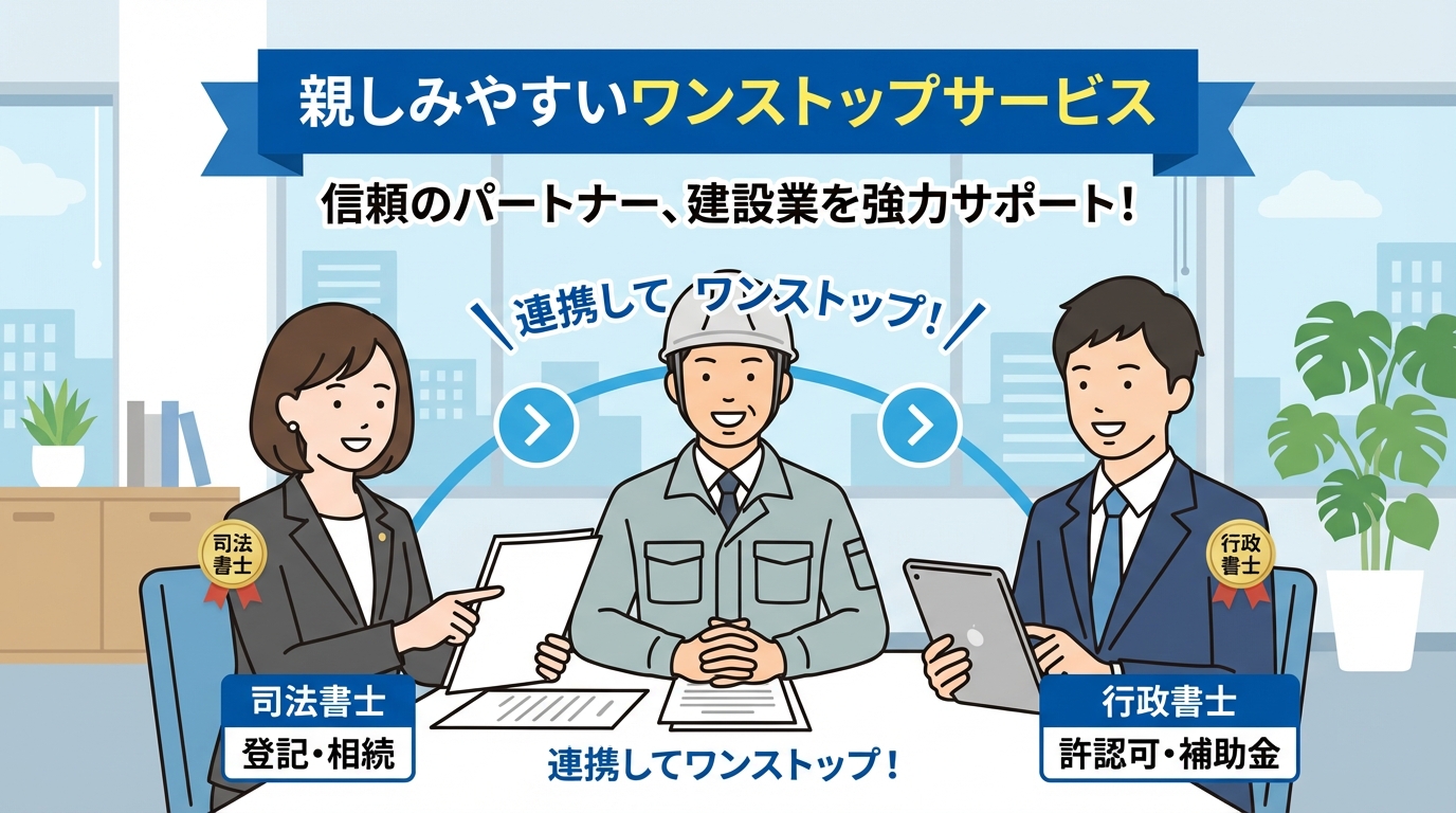 司法書士と行政書士が連携し、ワンストップで建設業の会社設立と許可申請をサポートしているイラスト。相談者が安心して専門家に任せている様子。