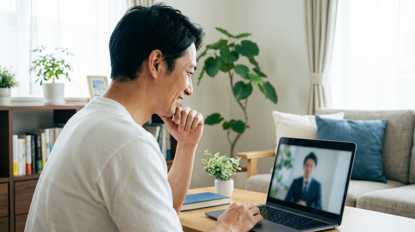 自宅からオンラインで司法書士に相談し、遠方の不動産名義変更の問題解決の糸口を見つけて安心している男性。