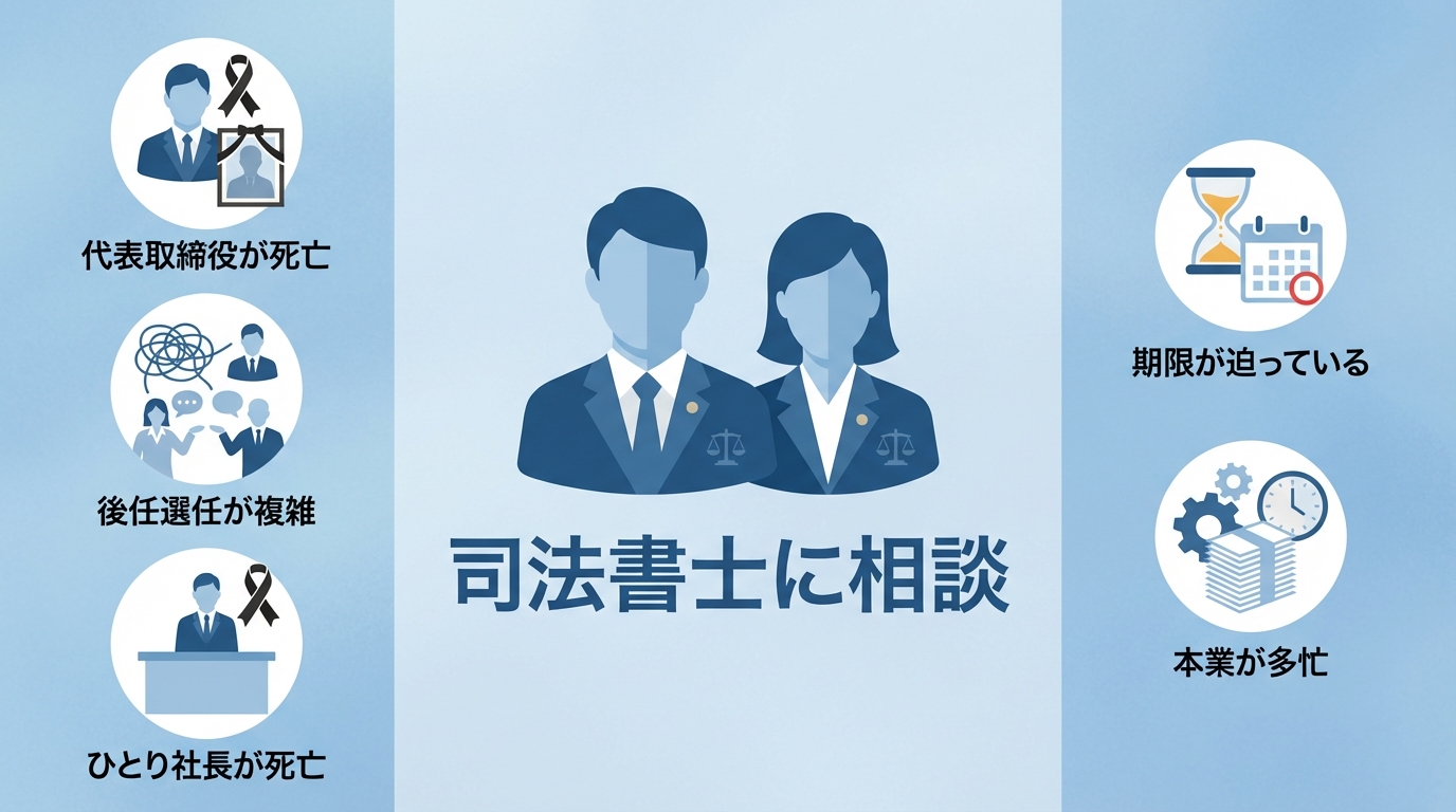 司法書士に取締役の死亡登記を依頼した方が良い5つのケース。代表取締役の死亡、後任選任、ひとり社長、期限、多忙な場合を示している。