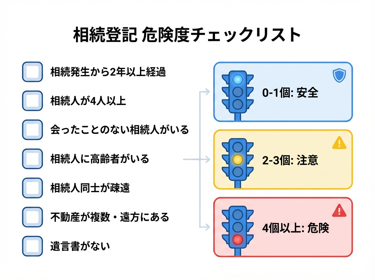 相続登記の危険度を自己診断するためのチェックリスト。相続人の数や経過年数など7つの項目でリスクを判定できる。