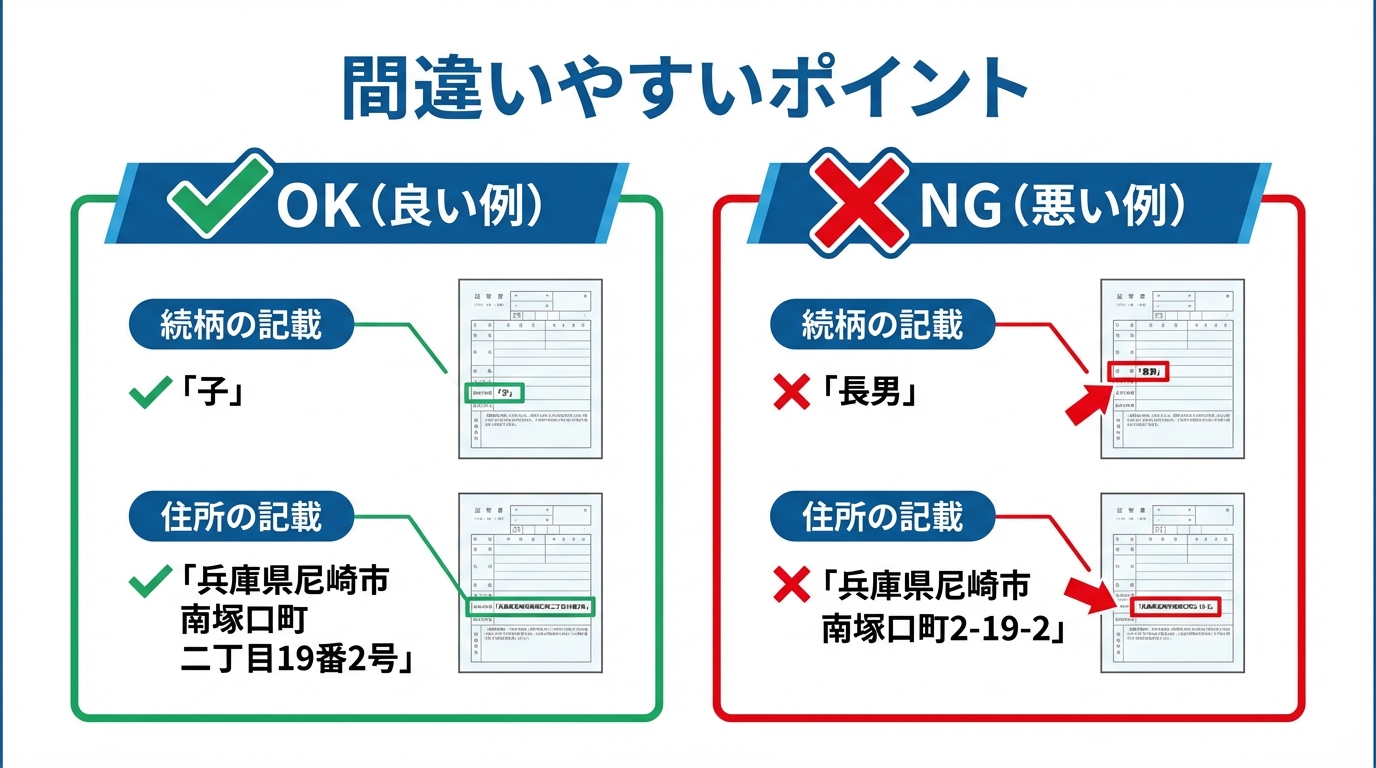 法定相続情報一覧図の作成で間違いやすいポイントの図解。良い例(続柄が「子」、住所が省略なし)と悪い例(続柄が「長男」、住所がハイフンで省略)を比較している。