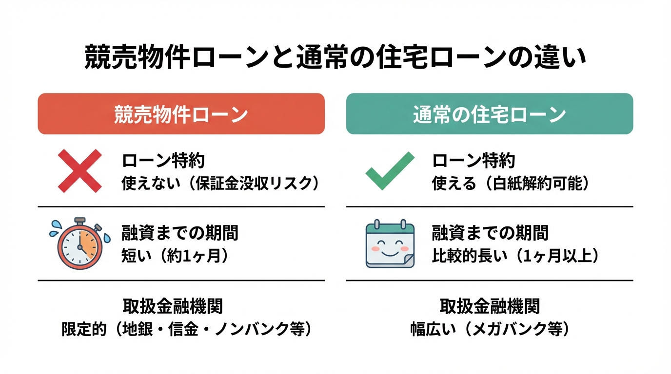 競売物件ローンと住宅ローンの3つの違いを比較した図解。ローン特約の有無、融資期間の長さ、取扱金融機関の範囲の違いがアイコンと共に分かりやすく示されている。