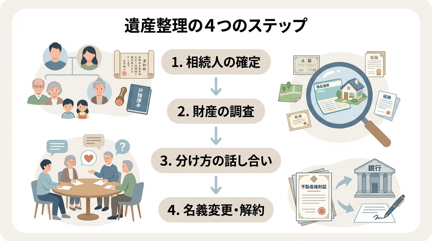 遺産整理の4つのステップを示した図解。相続人の確定、財産の調査、分け方の話し合い、名義変更・解約という流れをアイコン付きで解説。