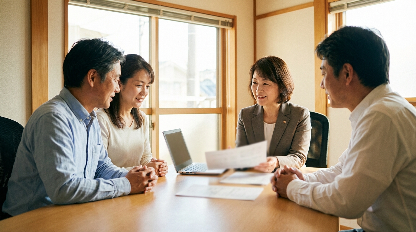 司法書士事務所で相談する夫婦。女性司法書士が親身に話を聞いており、安心して相談できる雰囲気が伝わる。